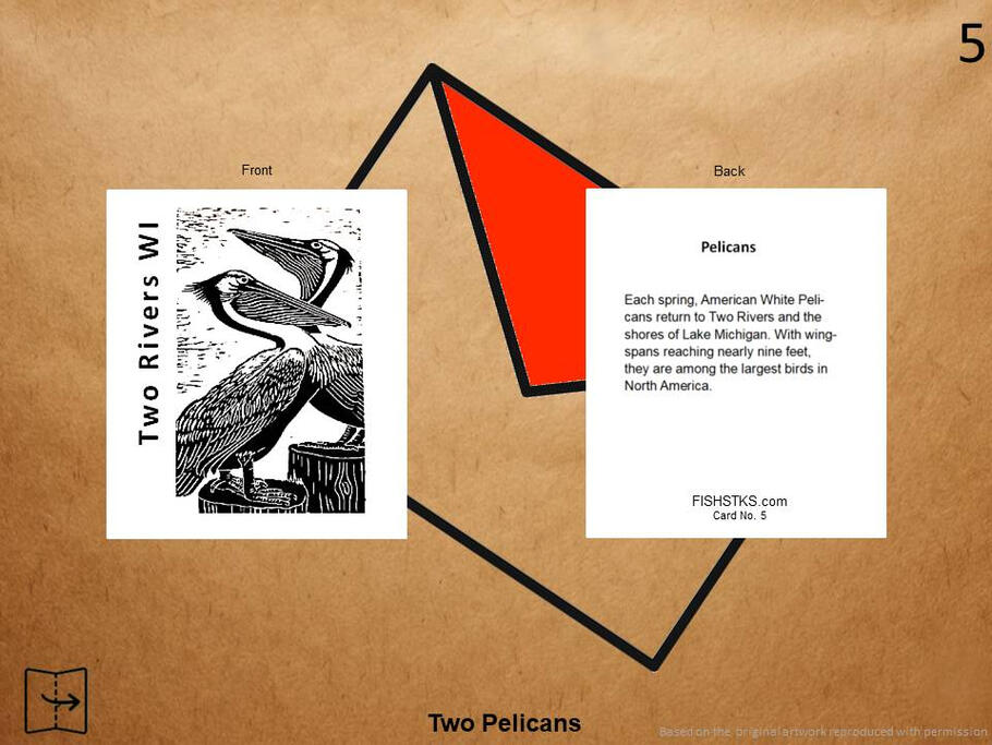 Greeting card featuring two pelicans on a pier along Lake Michigan.