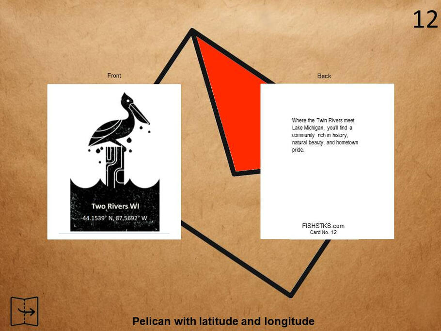 Greeting card featuring a pelican with latitude and longitude coordinates.
